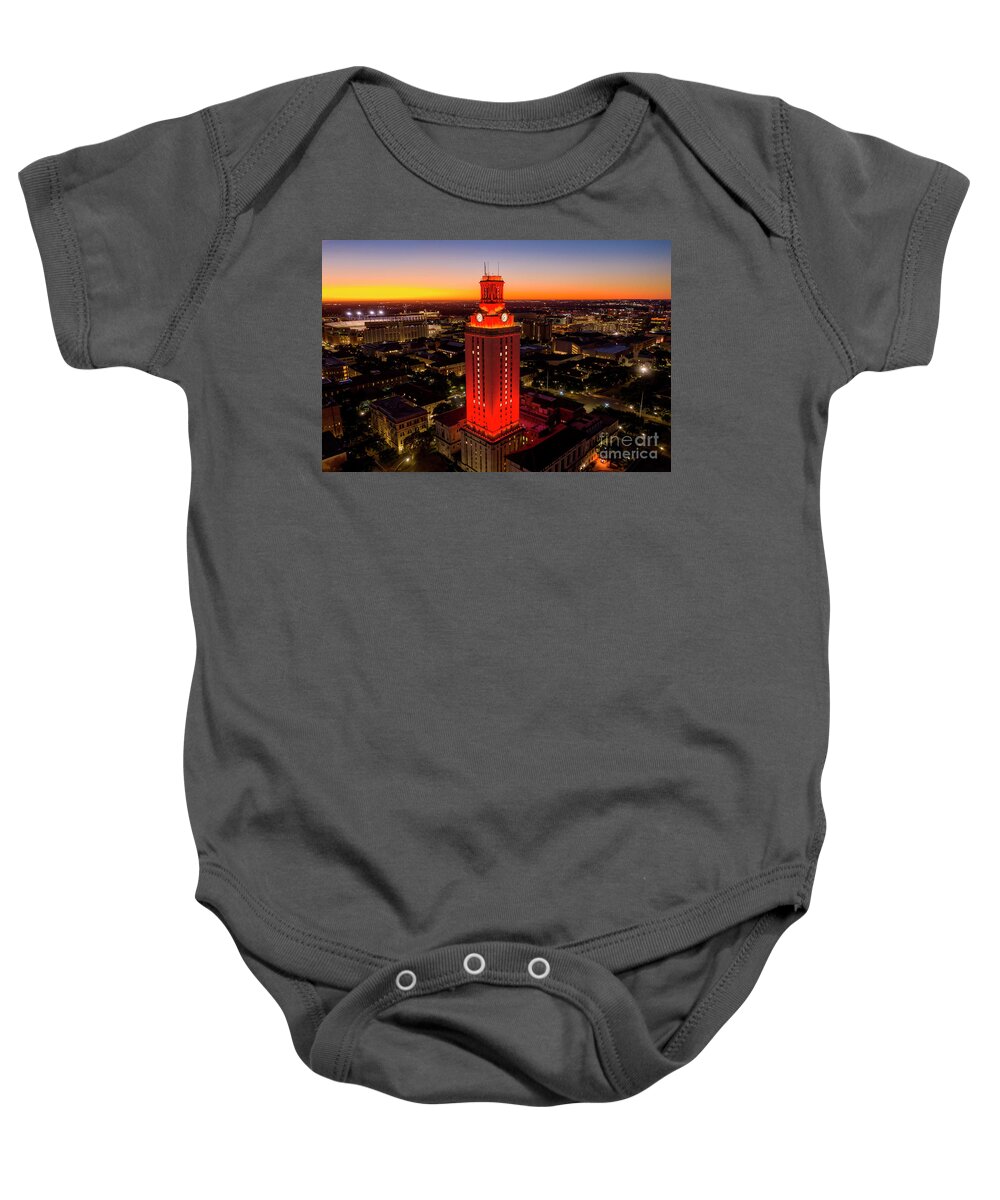 Texas Texas Baby Onesie featuring the photograph University of Texas Tower lit with Number 1 bright Orange Tower by Dan Herron