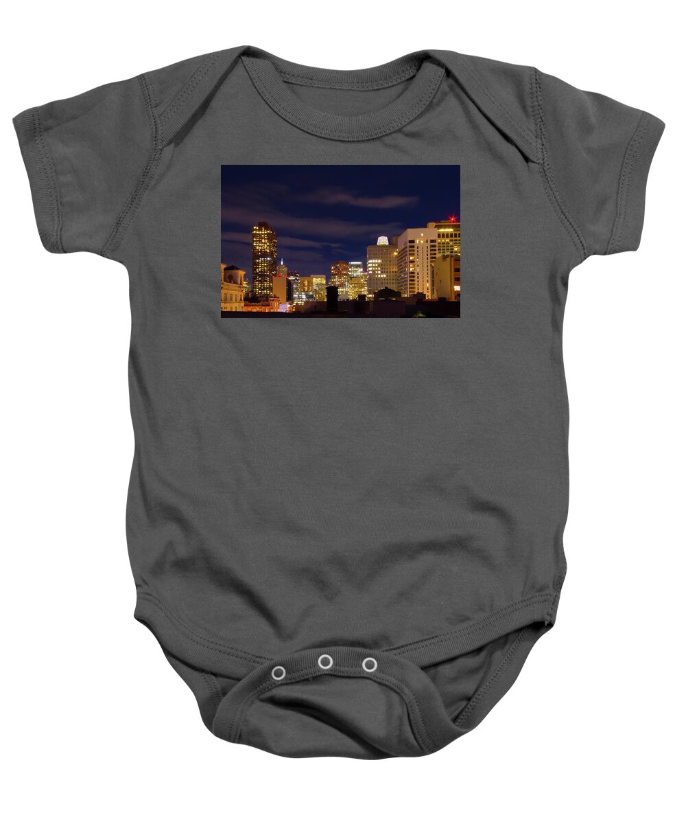 City View Baby Onesie featuring the photograph Up On the Roof at Night by Bonnie Follett