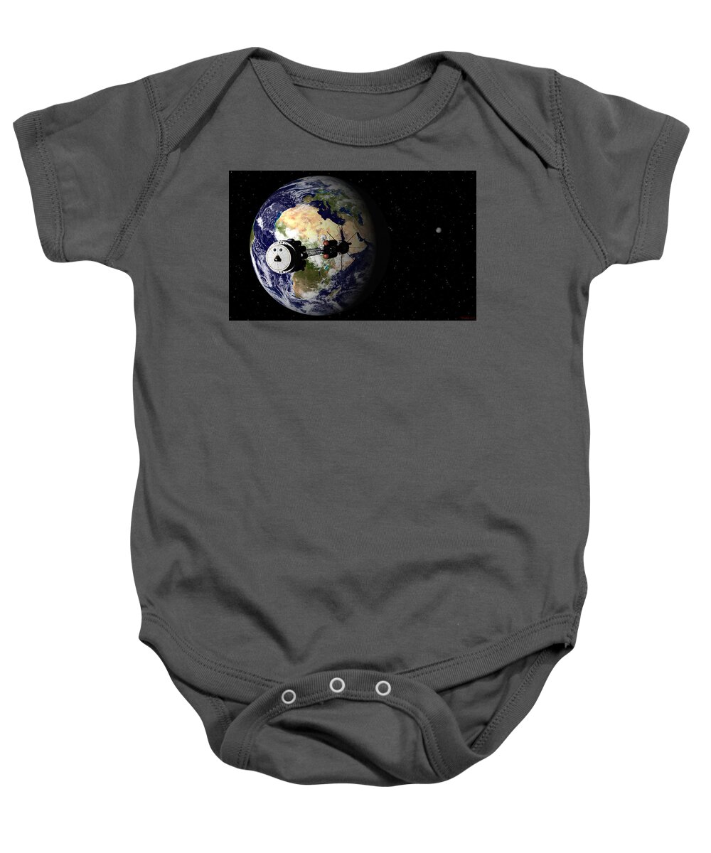 Spaceship Baby Onesie featuring the digital art USS Hermes1 leaving Earth for Mars by David Robinson