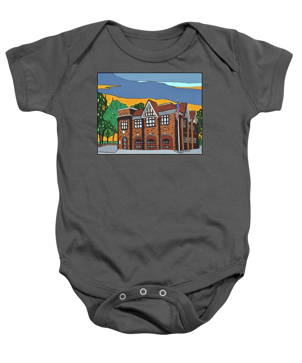 Valley Stream Fire Department Rockaway Ave. Baby Onesie featuring the painting Valley Stream Fire House by Mike Stanko