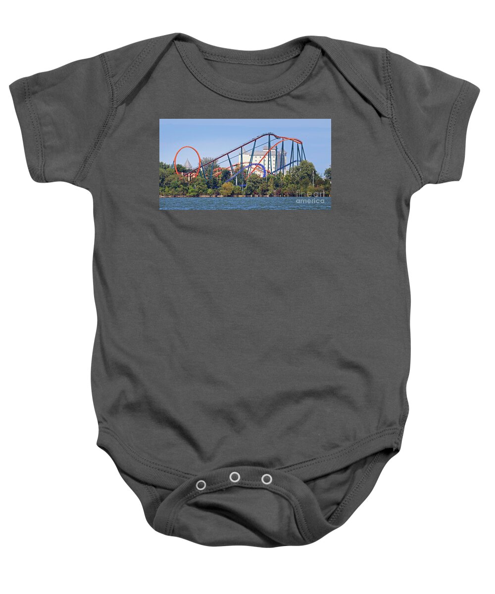Cedar Point Baby Onesie featuring the photograph Valravn and the Hotel Breakers Cedar Point 0475 by Jack Schultz