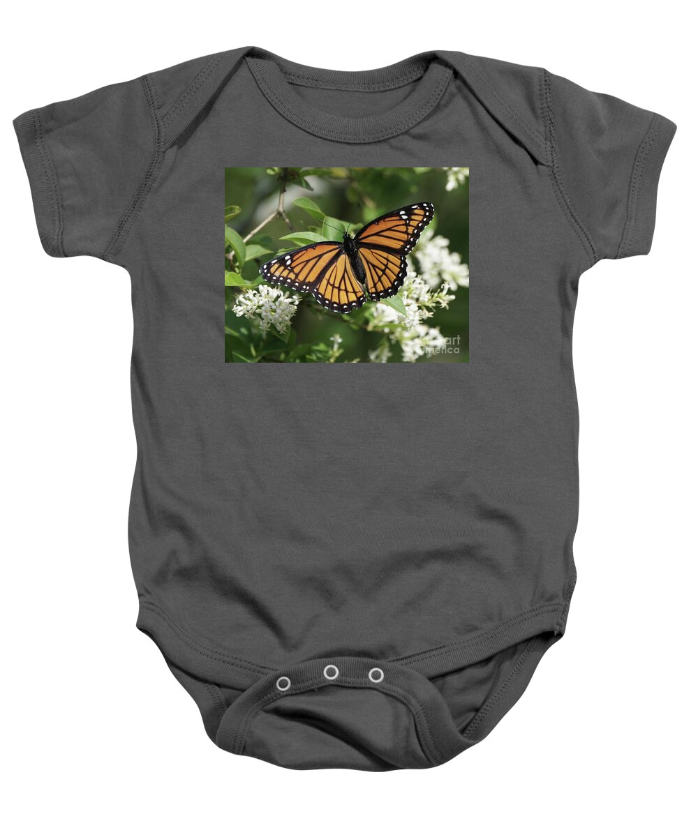 Viceroy Butterfly Baby Onesie featuring the photograph Viceroy Butterfly on Privet Flowers by Robert E Alter