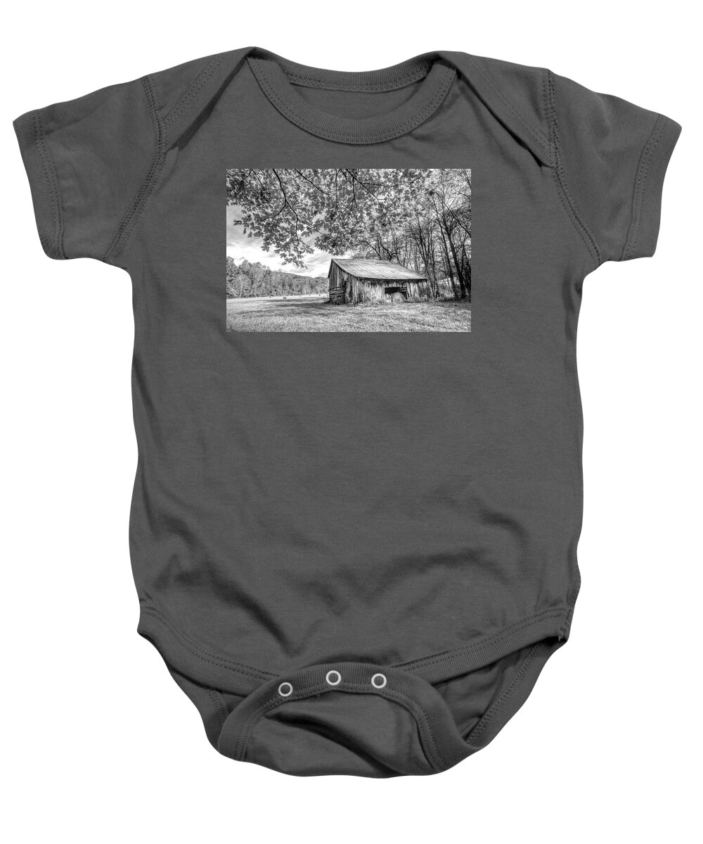 Barns Baby Onesie featuring the photograph Vintage Barn Black and White Creeper Trail Damascus Virginia by Debra and Dave Vanderlaan