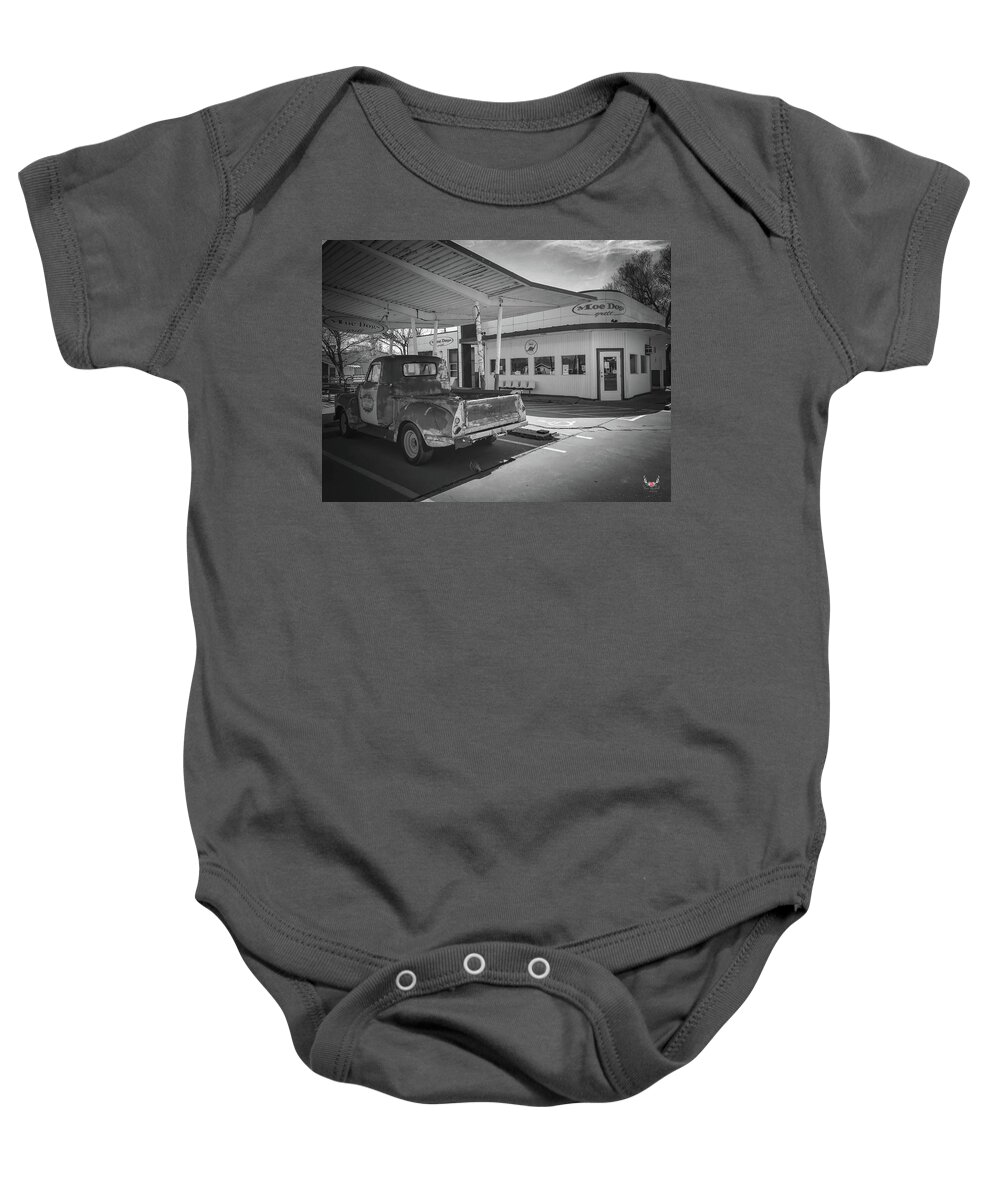 Historic Baby Onesie featuring the photograph Vintage Car and Station by Pam Rendall