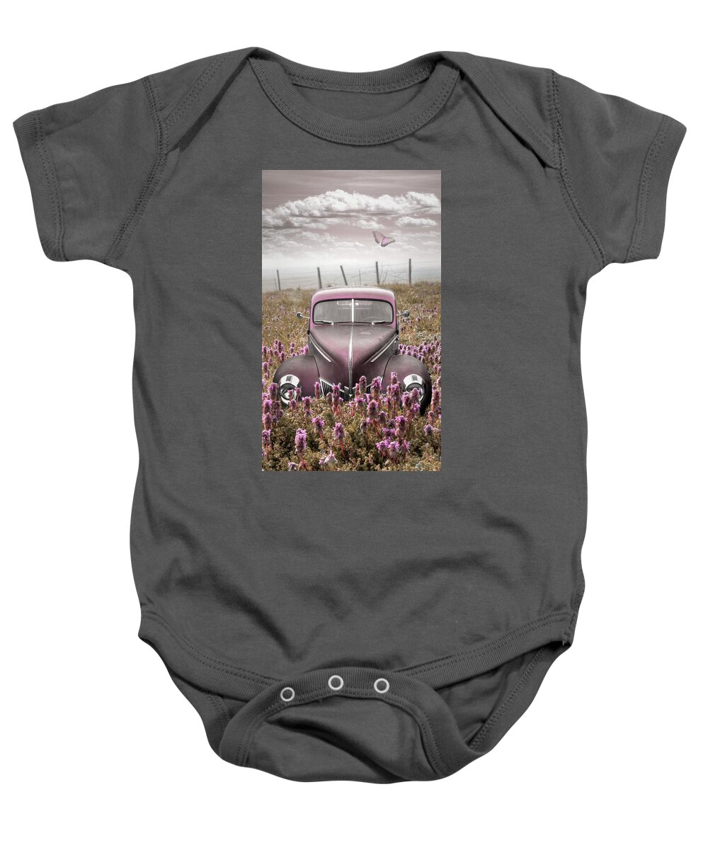 1938 Baby Onesie featuring the photograph Vintage Ford in Pinks by Debra and Dave Vanderlaan