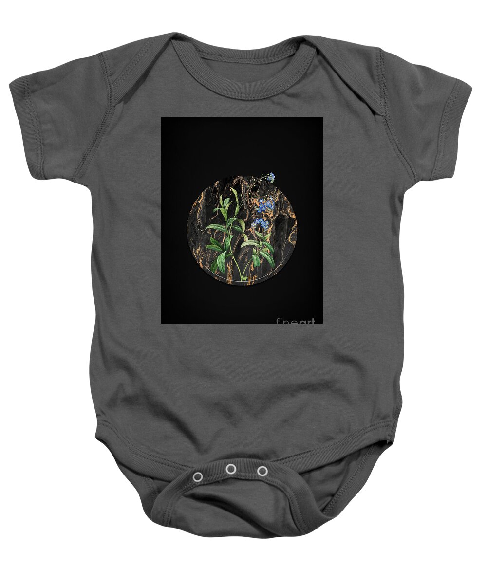 Vintage Baby Onesie featuring the painting Vintage Forget Me Not Art in Gilded Marble on Shadowy Black by Holy Rock Design