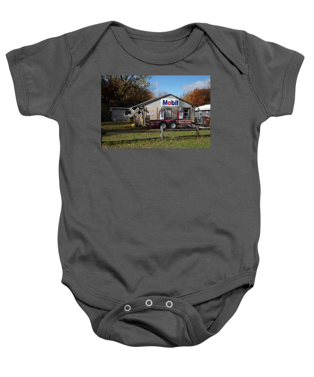 Mobil Gas Baby Onesie featuring the photograph Vintage gas pumps in rural Michigan by Eldon McGraw