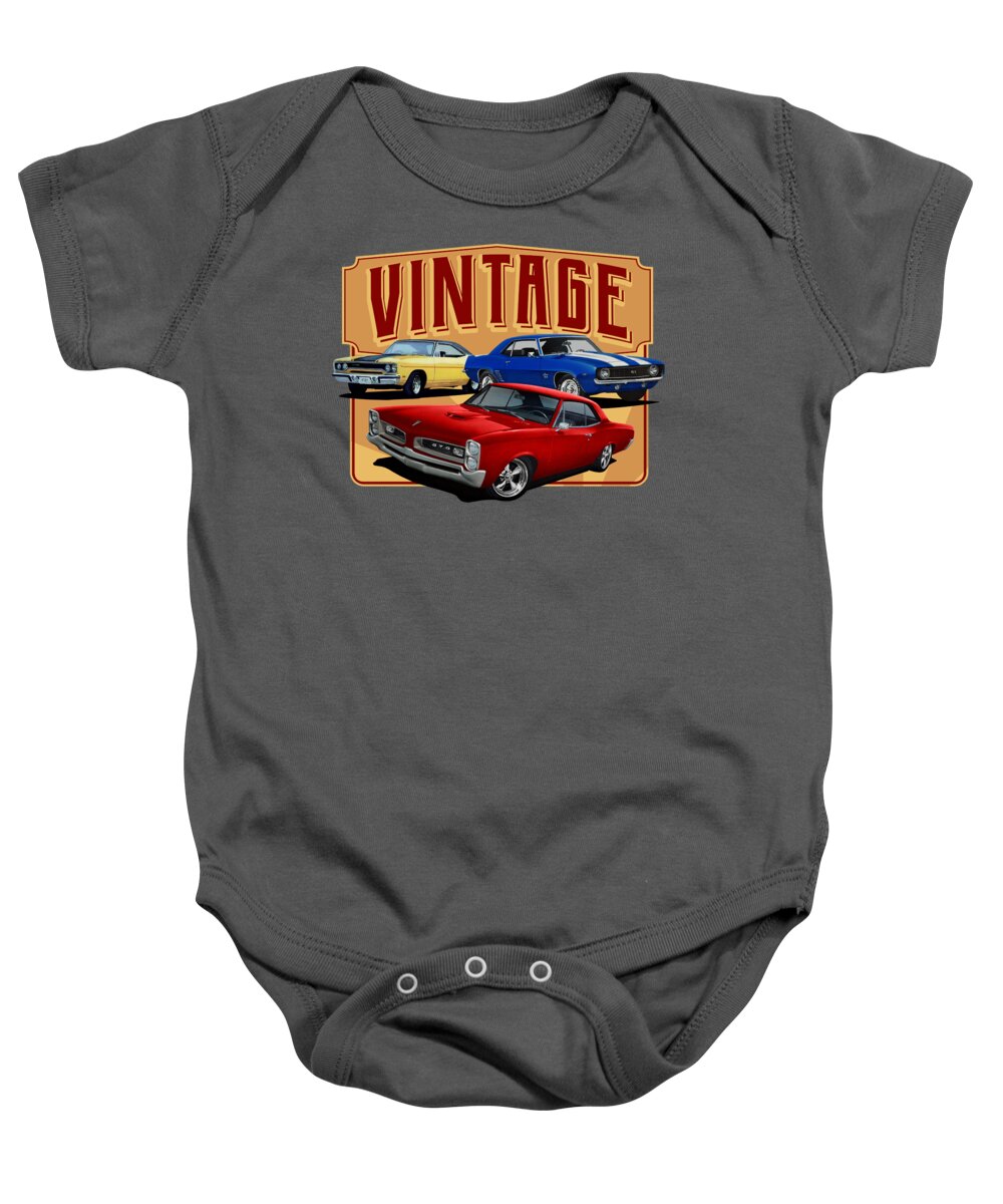Vintage Baby Onesie featuring the drawing Vintage GTO and Muscle Cars by Paul Kuras
