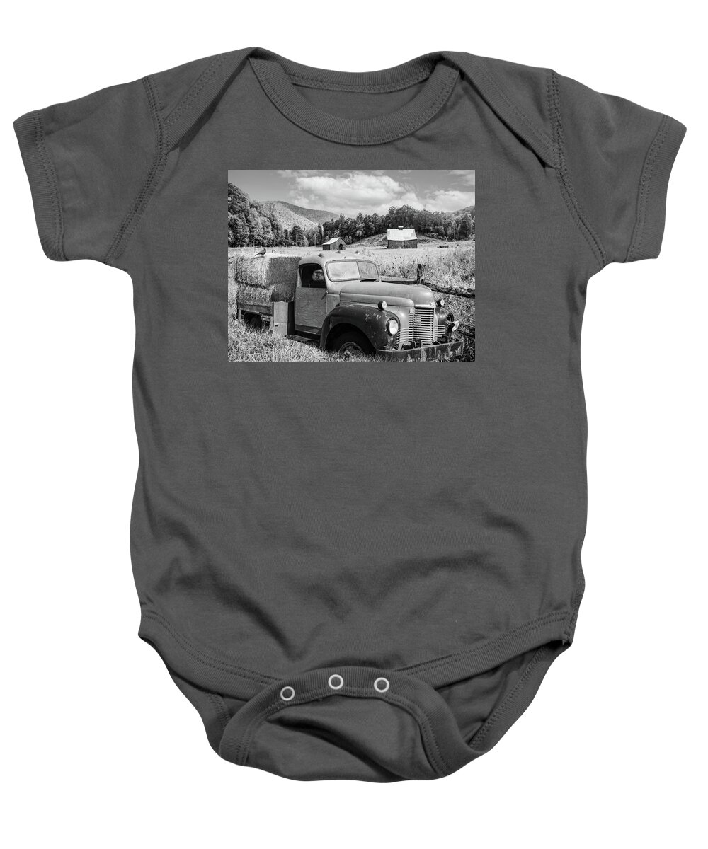 Black Baby Onesie featuring the photograph Vintage Truck at the Farm Black and White by Debra and Dave Vanderlaan
