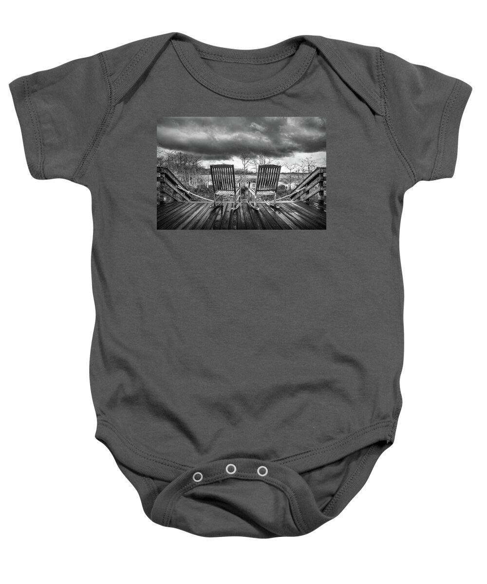 Clouds Baby Onesie featuring the photograph Waiting on the Thunder in Black and White by Debra and Dave Vanderlaan