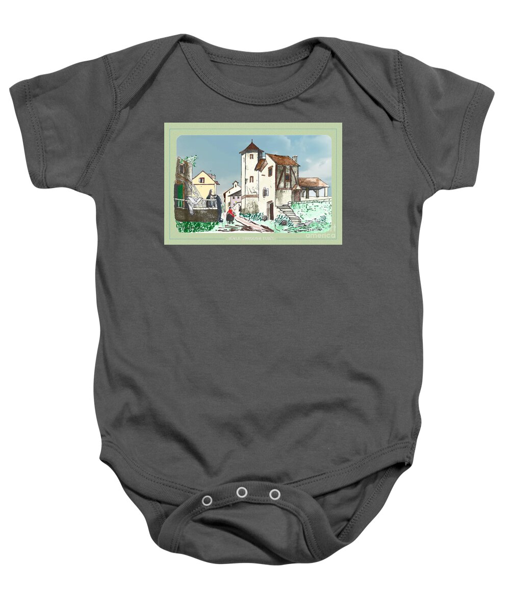 James Wharton Baby Onesie featuring the painting Walk Through Town V2 by Donna L Munro