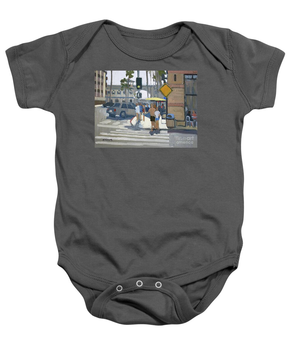 Crystal Pier Baby Onesie featuring the painting Walking to the Pier - Pacific Beach, San Diego, California by Paul Strahm