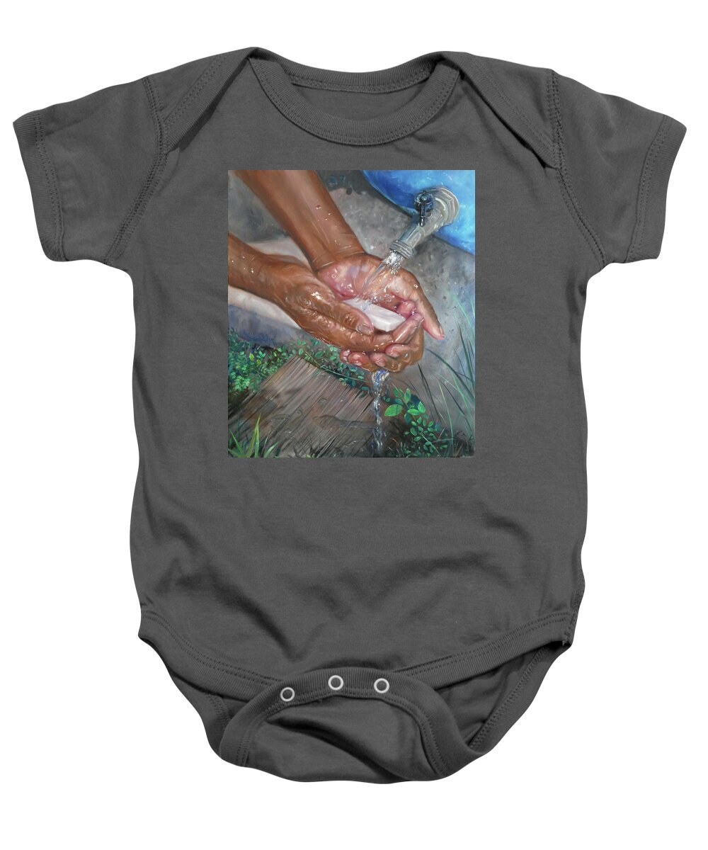 Hand Washing Baby Onesie featuring the painting Washing Hands by Jonathan Gladding