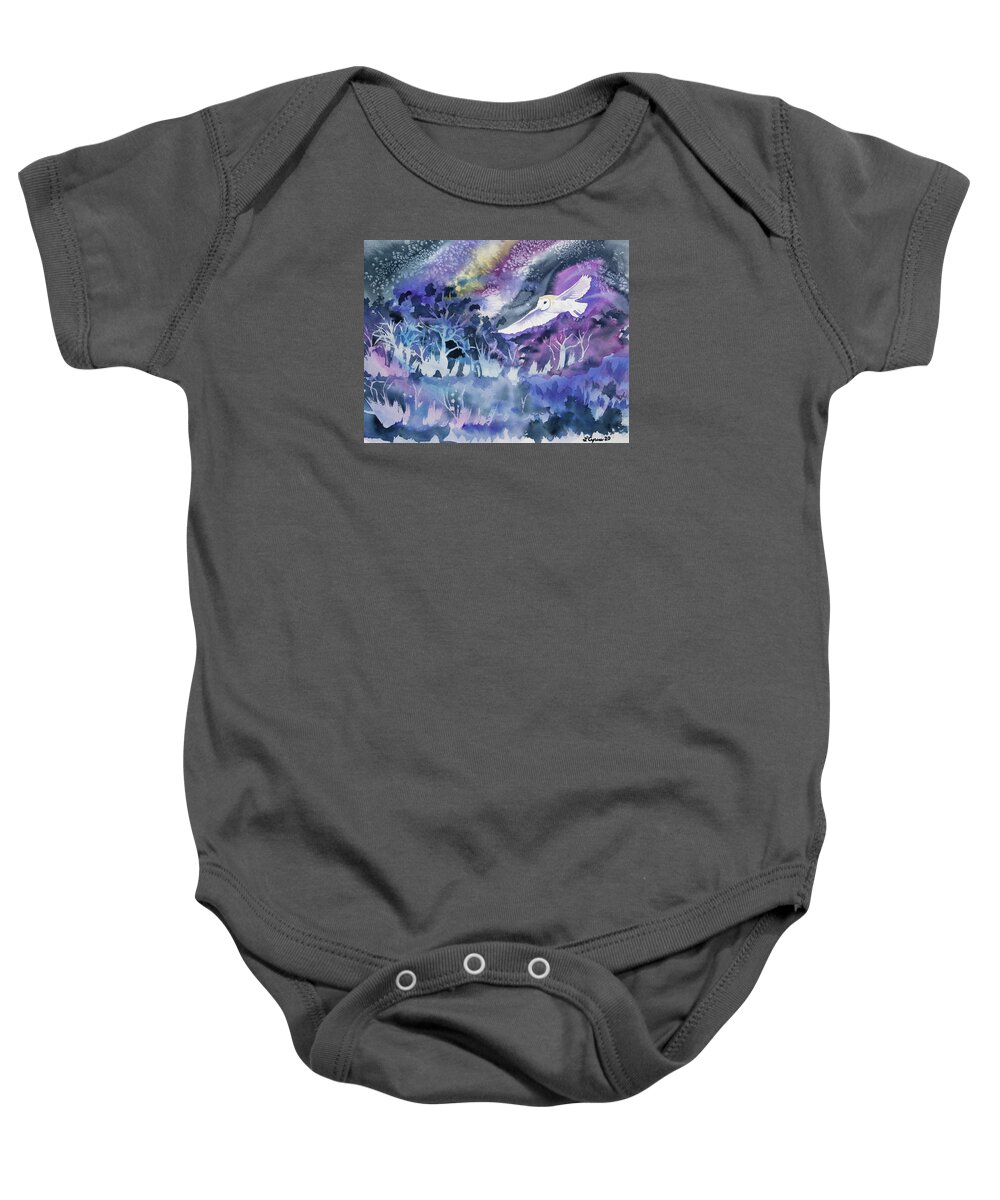 Barn Owl Baby Onesie featuring the painting Watercolor - Barn Owl at Night by Cascade Colors