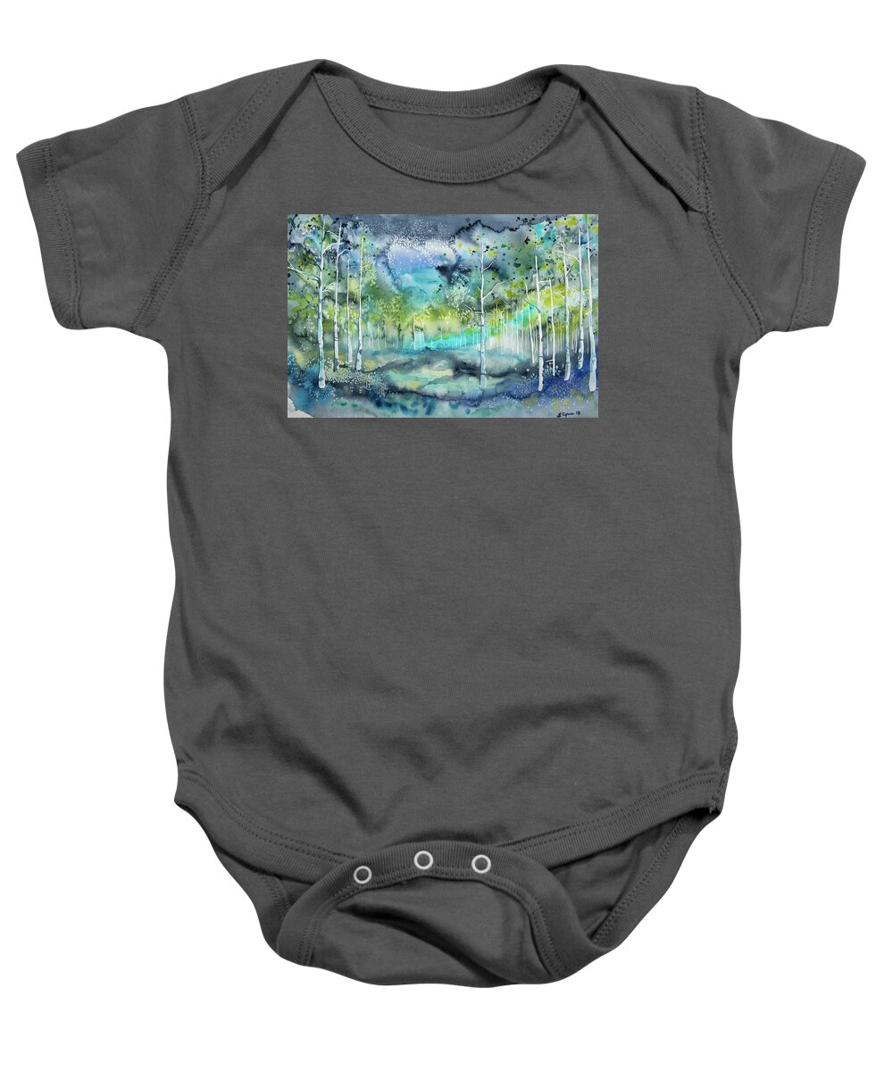 Aspen Baby Onesie featuring the painting Watercolor - Evening Aspen Forest Impression by Cascade Colors
