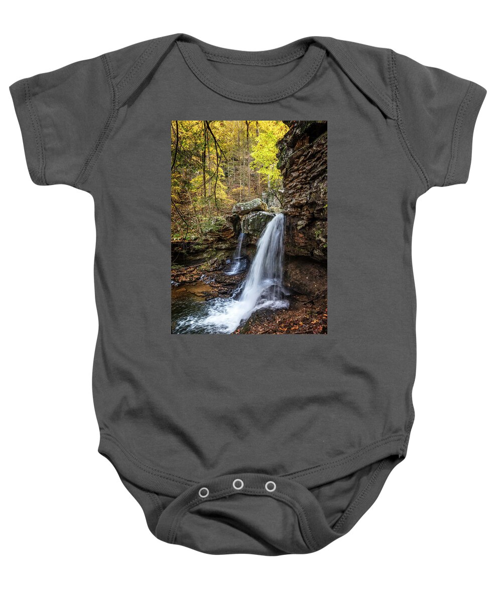 Cherokee Baby Onesie featuring the photograph Waterfall Cascades in Cloudland Canyon by Debra and Dave Vanderlaan