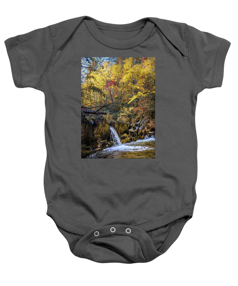 Carolina Baby Onesie featuring the photograph Waterfall in the Smoky Mountains Autumn Colors by Debra and Dave Vanderlaan