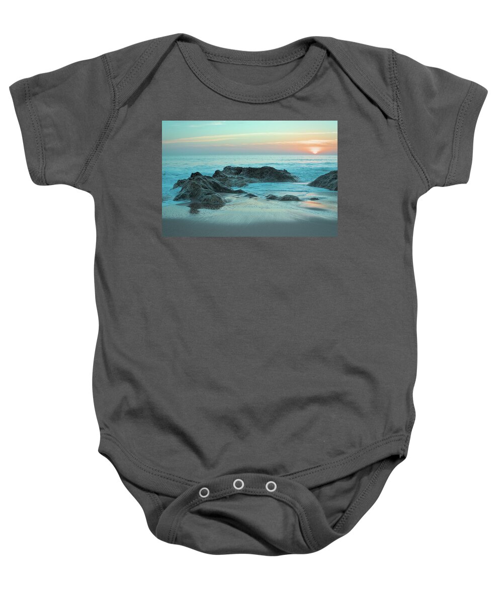 Beach Sunset Baby Onesie featuring the photograph Waves, rocks and sunset in Salgados by Angelo DeVal