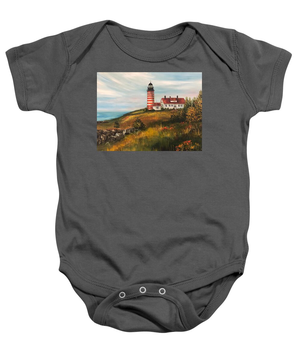 Beach Baby Onesie featuring the painting West Quoddy Head Lighthouse by Barbara Landry