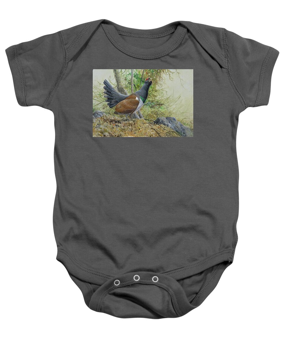 Western Capercaillie Baby Onesie featuring the painting Western Capercaillie, Eastern Subspecies by Barry Kent MacKay