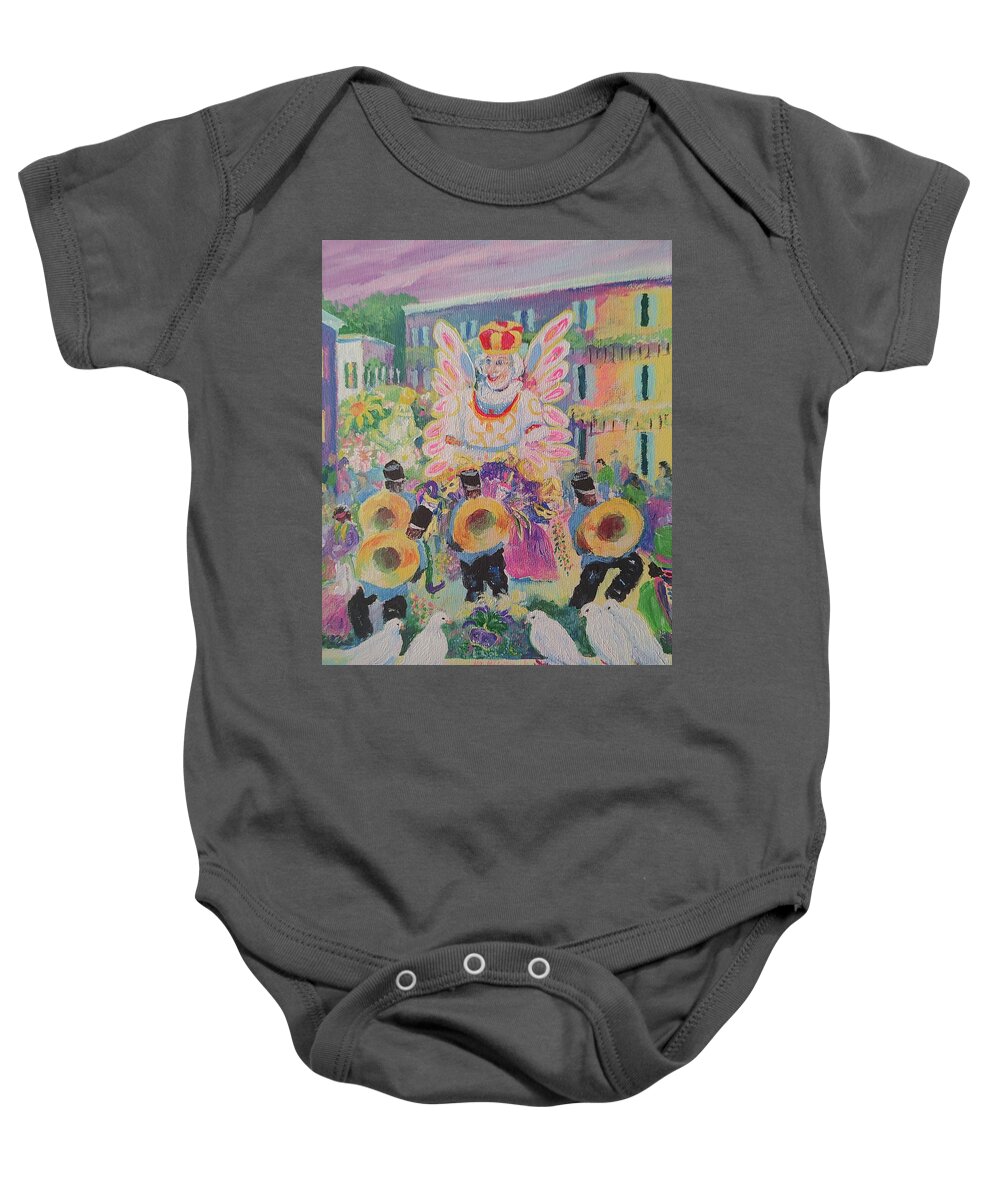 Mardi Gras Baby Onesie featuring the painting When the Saints Go Marching In---Mardi Gras King Rex by ML McCormick