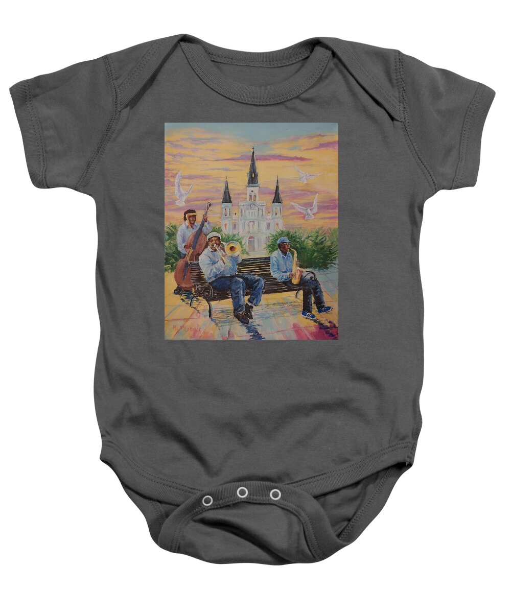 New Orleans Baby Onesie featuring the painting When the Saints Go Marching In--St Lewis Cathedral by ML McCormick
