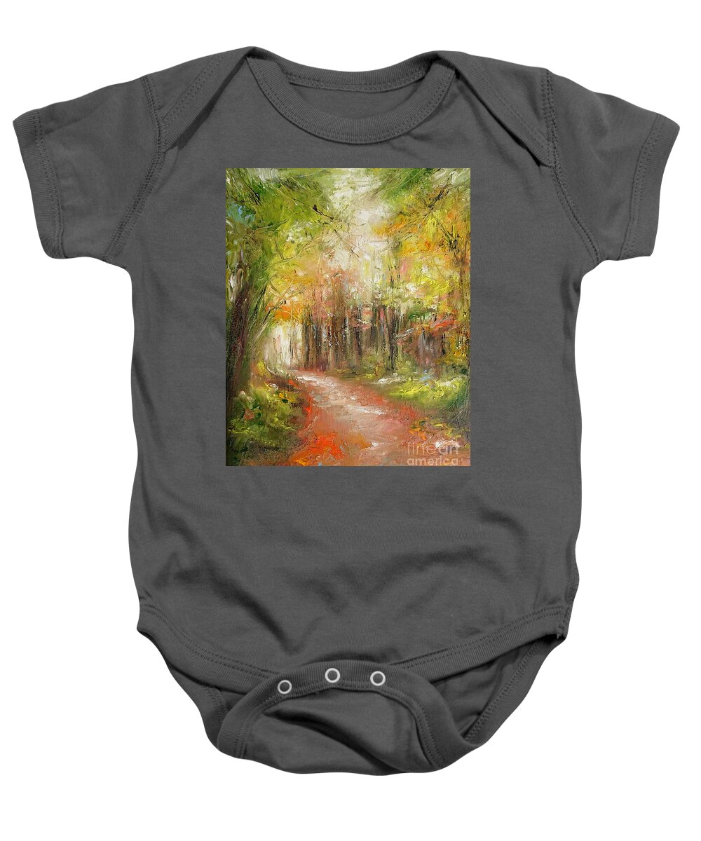 Landscape Baby Onesie featuring the painting paintings of Where will life's road lead us....... by Mary Cahalan Lee - aka PIXI