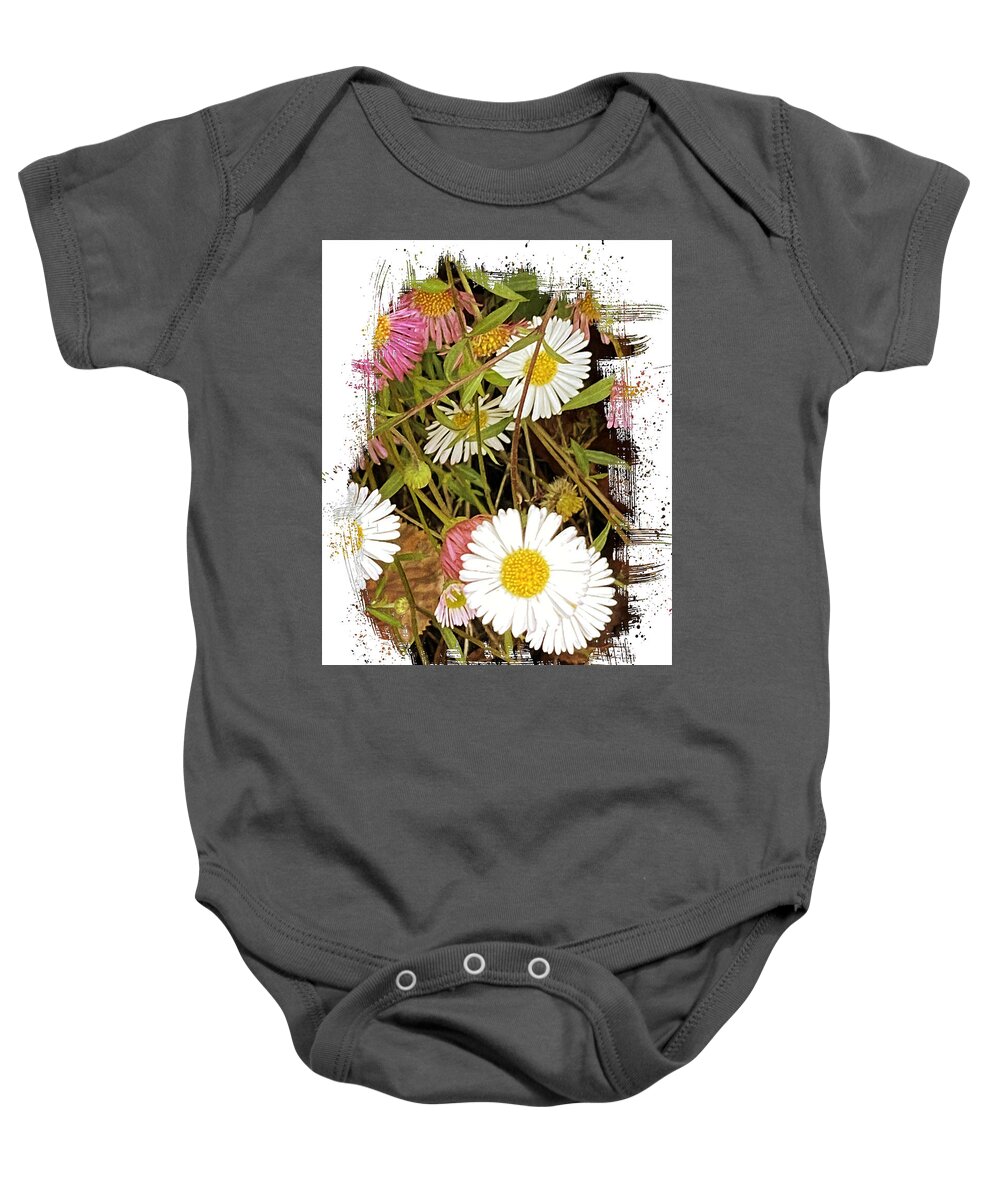 Macro Pink White Yellow Flowers Green Grass Black Background Brown Pistils Baby Onesie featuring the digital art White and Pink Macro Flowers by Kathleen Boyles