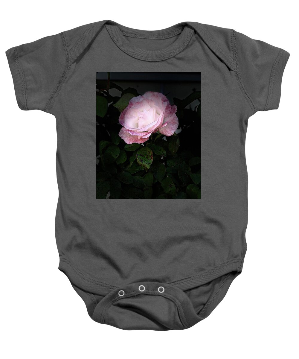 White Pink Rose Flower Black Green Leaves Baby Onesie featuring the digital art White and Pink Rose by Kathleen Boyles