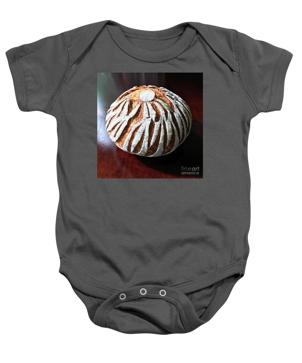 Bread Baby Onesie featuring the photograph White Flour Dusted Sourdough With 4 Score Designs. 2 by Amy E Fraser