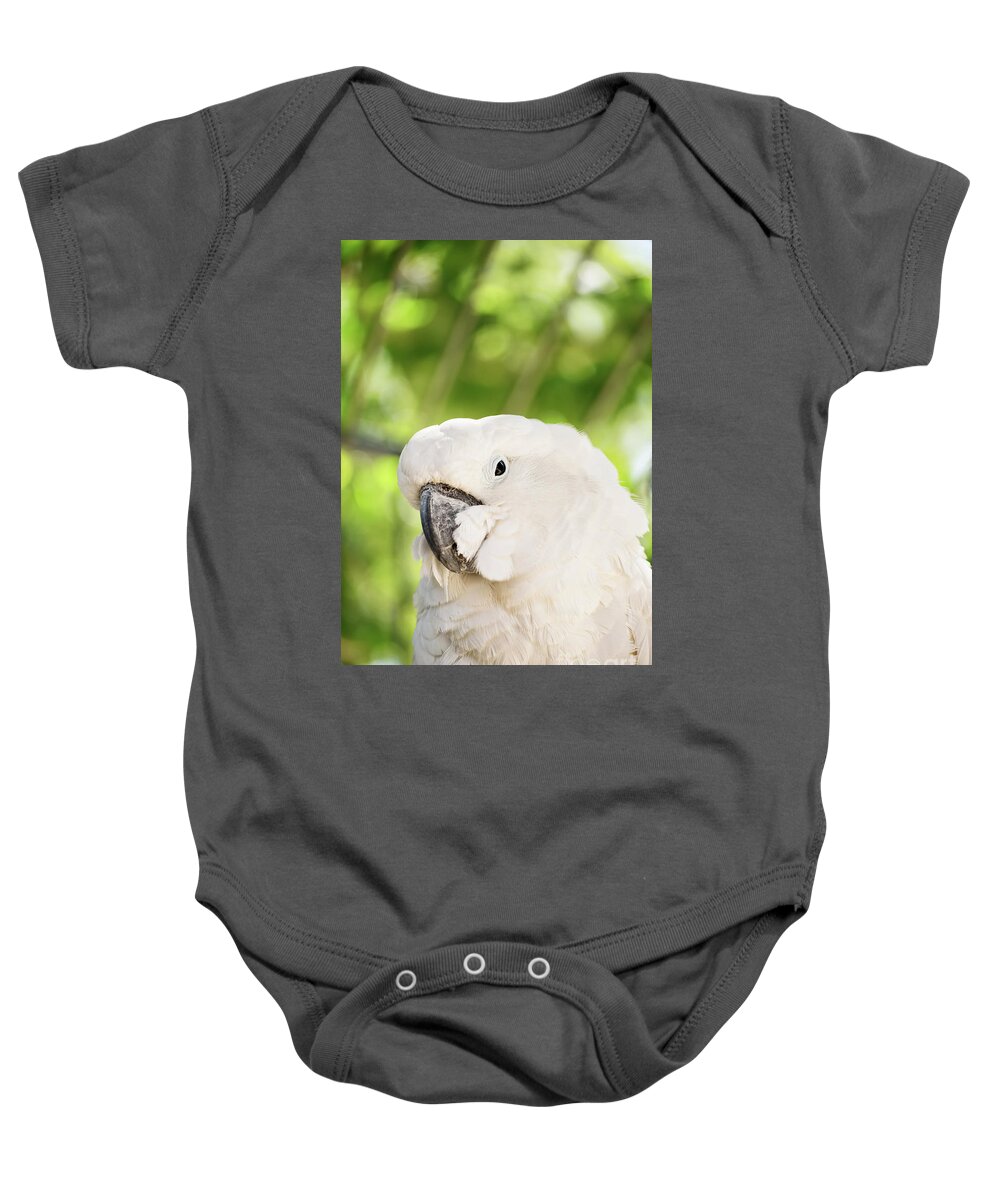 Parrot Baby Onesie featuring the photograph White parrot by Mendelex Photography
