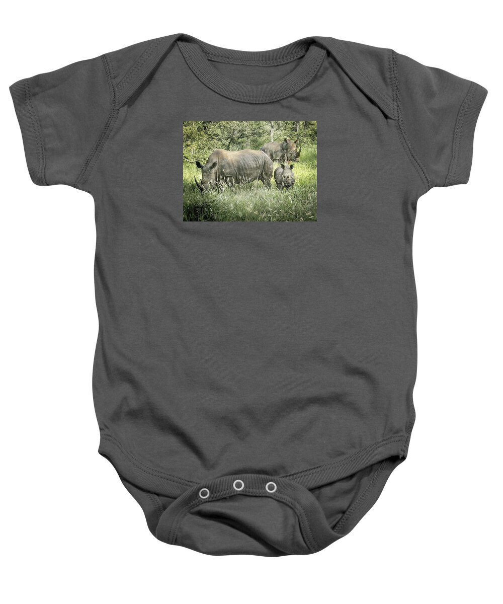 White Rhino Trio Baby Onesie featuring the photograph White Rhino Trio by Rebecca Herranen