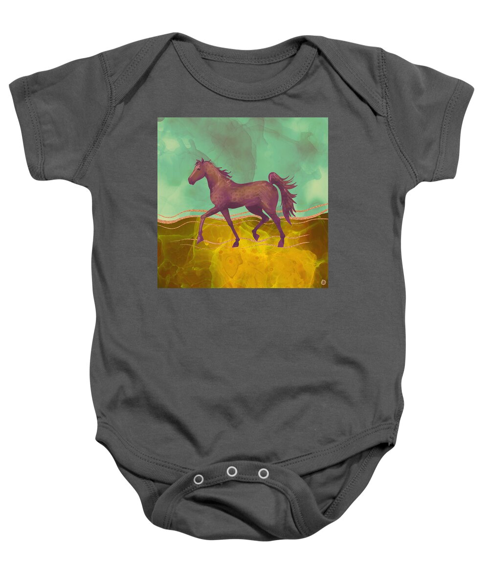 Mustang Horse Baby Onesie featuring the digital art Wild Horse in the Burning Desert - Climate Change Awareness by Andreea Dumez