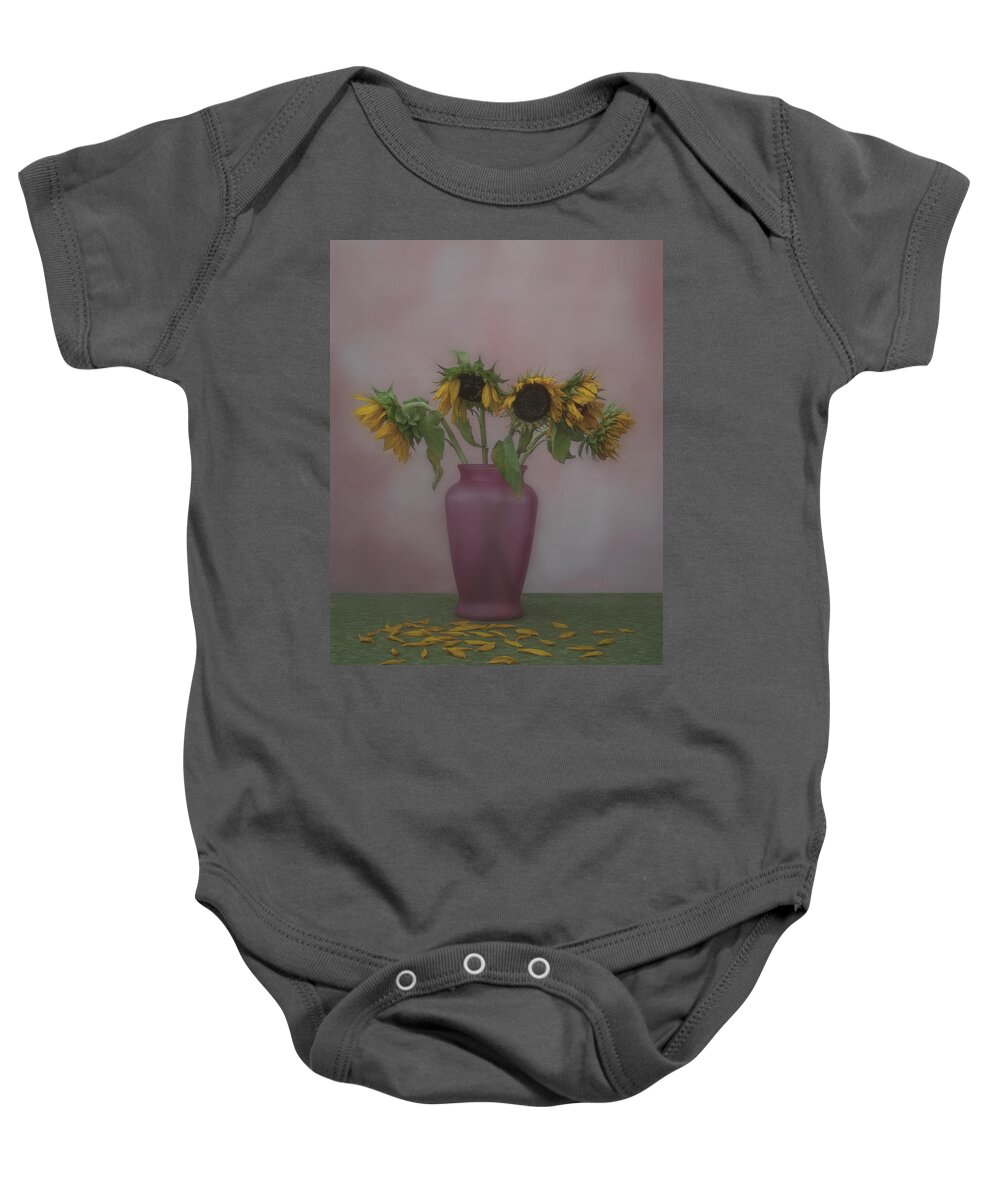 Stilll Life Baby Onesie featuring the photograph Wilting sunflowesr, beauty in decay by Alessandra RC
