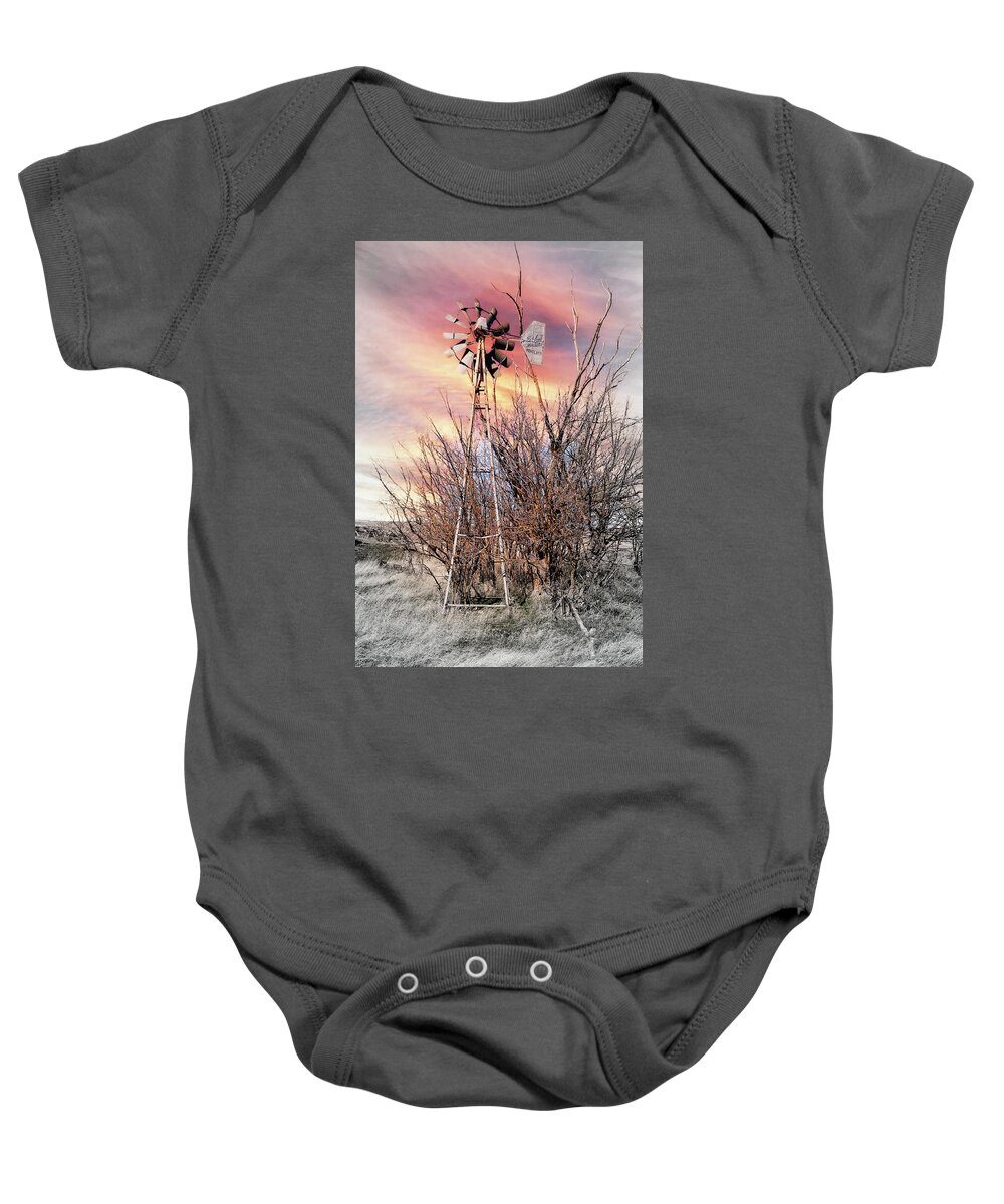 Windmill Baby Onesie featuring the digital art Windmill, Still Standing Strong by Fred Loring