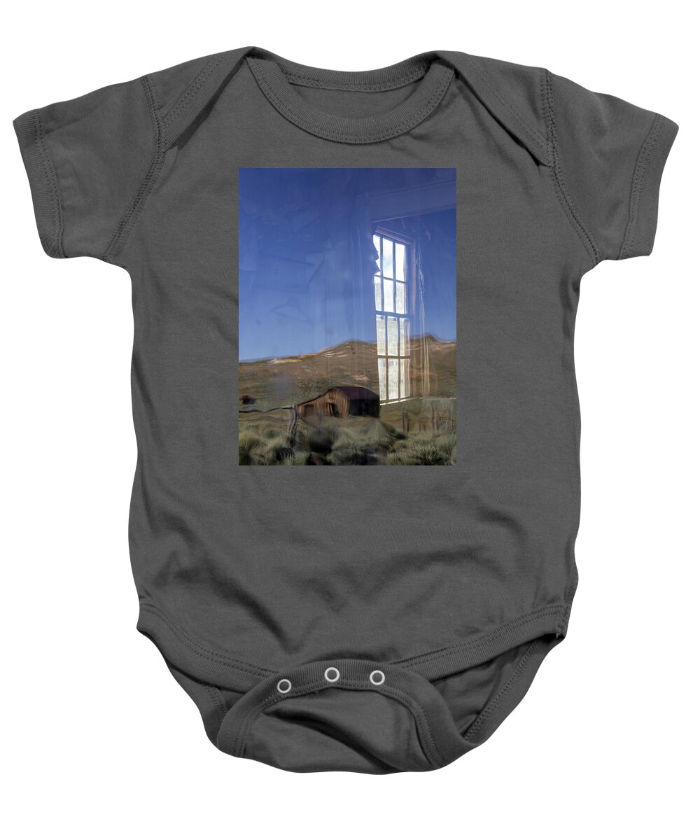 Bodie Baby Onesie featuring the photograph Windows and Reflections in Bodie - 1 by Cheryl Strahl