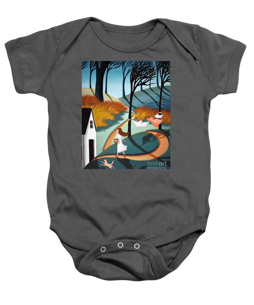 Country Baby Onesie featuring the painting Windy Wash Day by Debbie Criswell