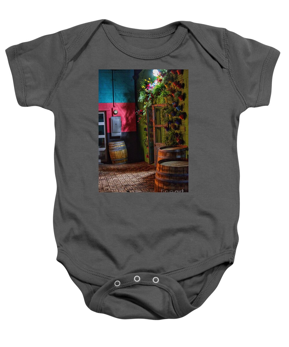  Baby Onesie featuring the photograph Wine Barrels in the Night by Rodney Lee Williams