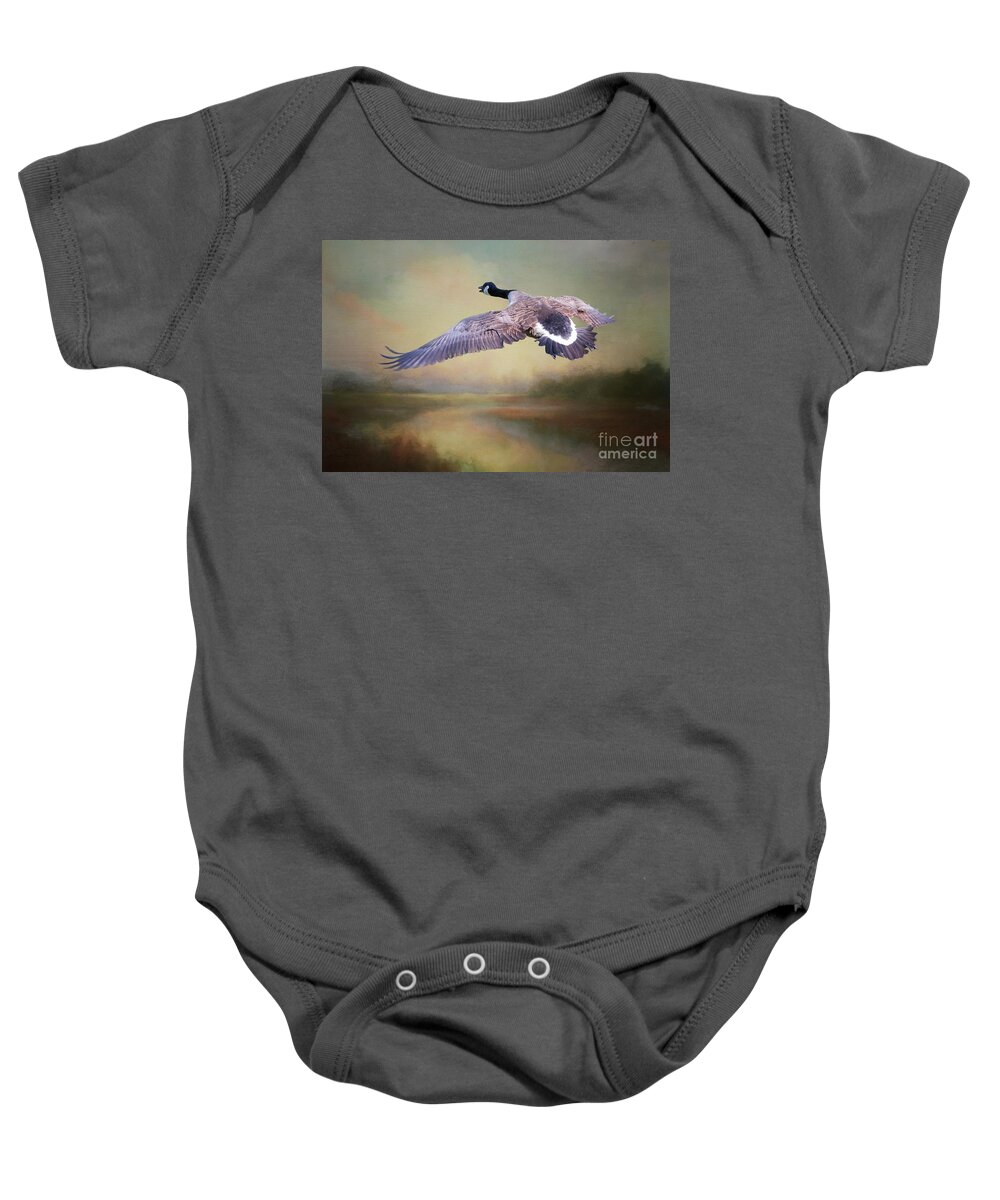 Canada Goose Baby Onesie featuring the photograph Wings In Flight by Eva Lechner
