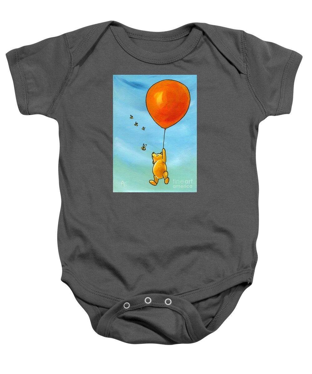Winnie The Pooh Baby Onesie featuring the painting Winnie the Pooh's Big Balloon - 1926 by Annie Troe