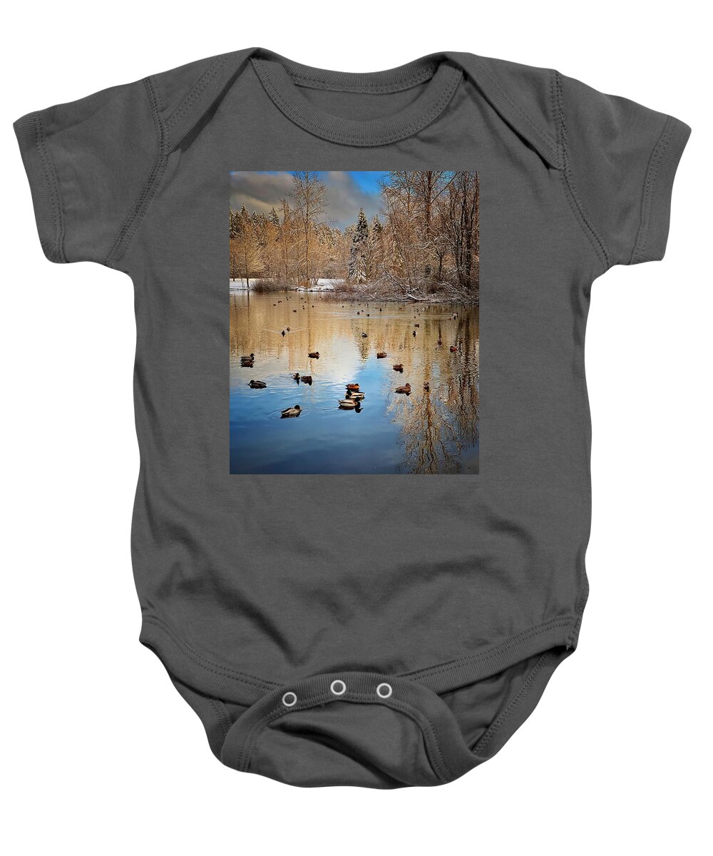 Winter Baby Onesie featuring the photograph Winter Duck Pond by Jerry Abbott