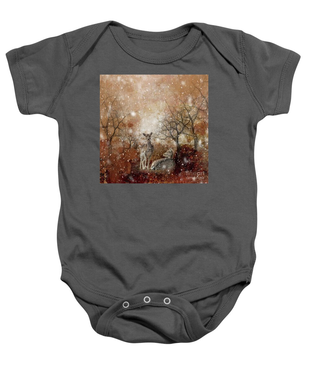Deers Baby Onesie featuring the mixed media Winter Forest by Eva Lechner