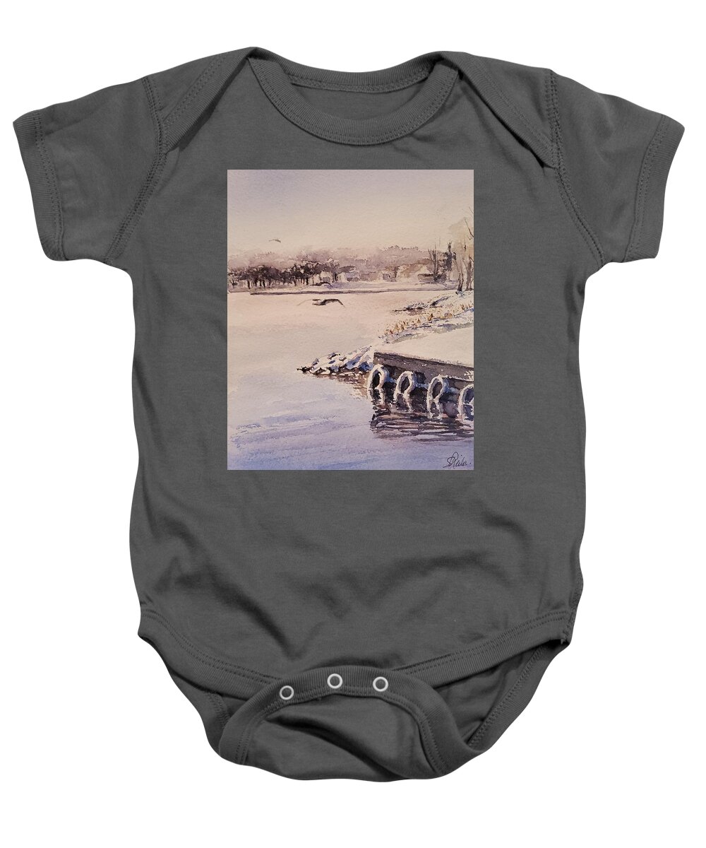 Snow Baby Onesie featuring the painting Winter Harbour by Sheila Romard