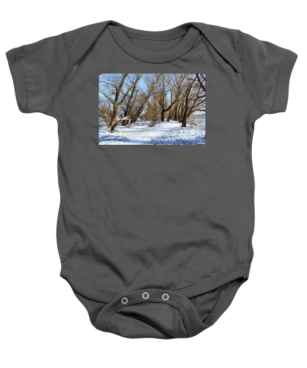 Winter Idyll Baby Onesie featuring the photograph Winter Idyll in a Forest 02 by Leonida Arte