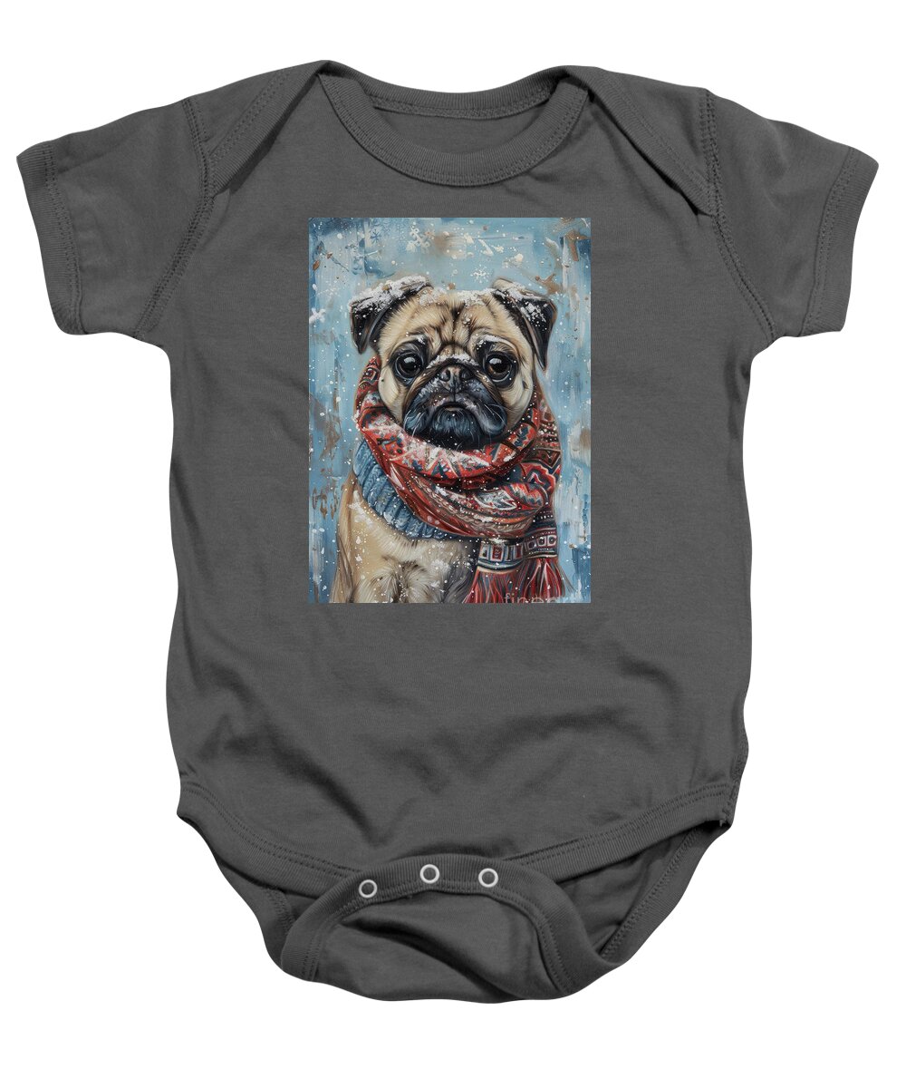 Pug Baby Onesie featuring the painting Winter Pug by Tina LeCour