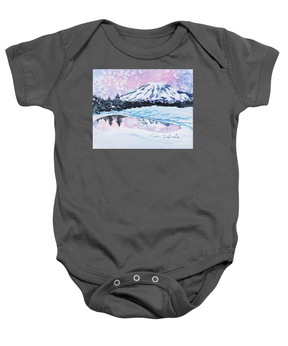 Mt Rainier Baby Onesie featuring the painting Mt. Rainier Winter Reflections by Lisa Debaets