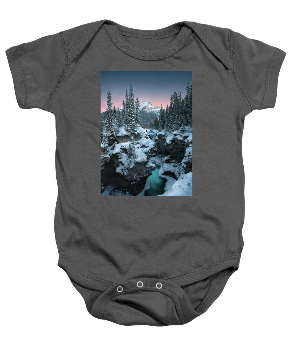 Winter Baby Onesie featuring the photograph Winter Twilight at Athabasca Falls by Henry w Liu