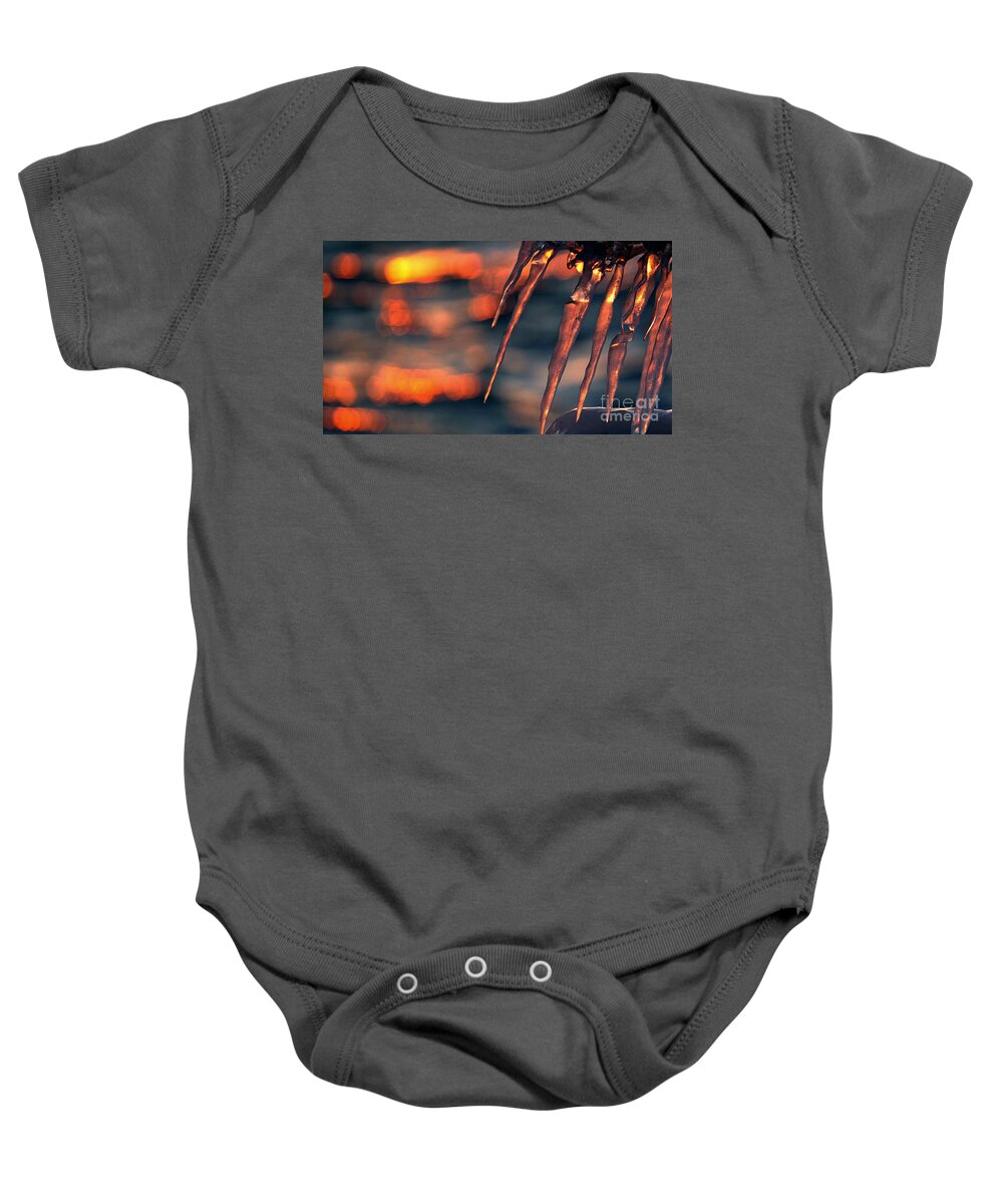 Icicles Baby Onesie featuring the photograph Winter's Golden Fingers by fototaker Tony