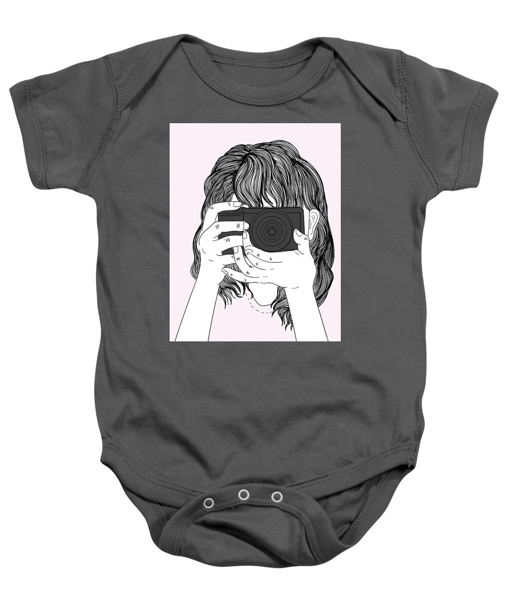 Graphic Baby Onesie featuring the digital art Woman With A Camera - Line Art Graphic Illustration Artwork by Sambel Pedes