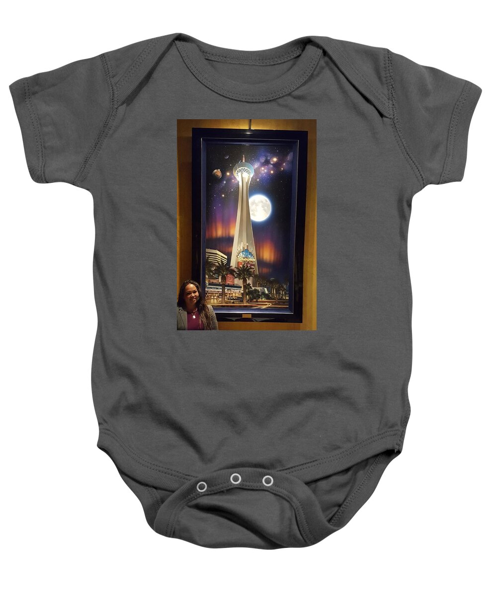 Las Vegas Stratosphere Tower The Strip Kenny Youngblood Baby Onesie featuring the painting Wonders of the Universe by Kenny Youngblood